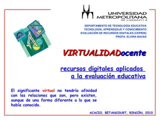 DEPARTAMENTO DE TECNOLOGÍA EDUCATIVA TECNOLOGÍA, APRENDIZAJE Y CONOCIMIENTO EVALUACIÓN DE RECURSOS DIGITALES (CEPR08) PROFA. ELVIRA NAVAS ACACIO, BETANCOURT, RINCÓN, 2010 VIRTUALIDAD ocente recursos digitales aplicados  a la evaluación educativa El significante  virtual  no tendría afinidad con las relaciones que son, pero existen, aunque de una forma diferente a lo que se había conocido.  