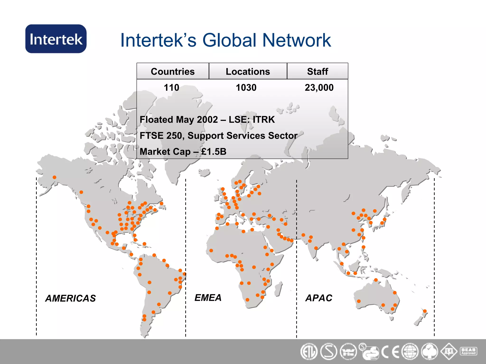 Intertek’s Global Network AMERICAS EMEA APAC   Staff Locations Countries 110  1030  23,000 Floated May 2002 – LSE: ITRK FTSE 250, Support Services Sector Market Cap – £1.5B 