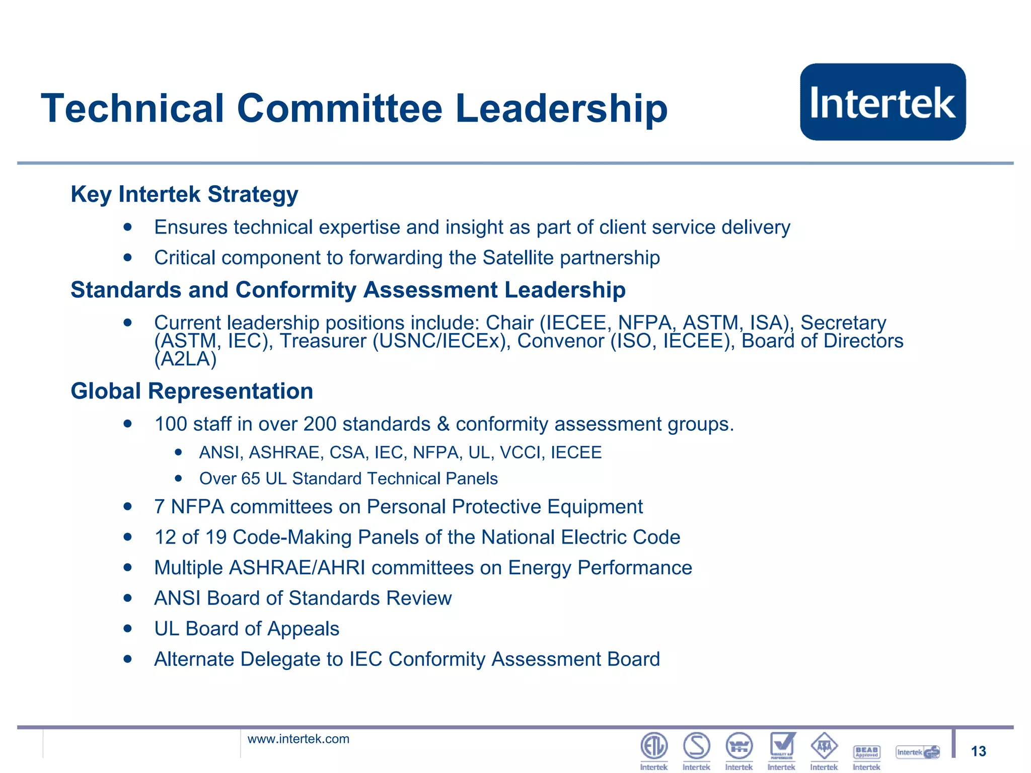 Technical Committee Leadership Key Intertek Strategy  Ensures technical expertise and insight as part of client service delivery Critical component to forwarding the Satellite partnership Standards and Conformity Assessment Leadership Current leadership positions include: Chair (IECEE, NFPA, ASTM, ISA), Secretary (ASTM, IEC), Treasurer (USNC/IECEx), Convenor (ISO, IECEE), Board of Directors (A2LA) Global Representation 100 staff in over 200 standards & conformity assessment groups.  ANSI, ASHRAE, CSA, IEC, NFPA, UL, VCCI, IECEE Over 65 UL Standard Technical Panels 7 NFPA committees on Personal Protective Equipment 12 of 19 Code-Making Panels of the National Electric Code Multiple ASHRAE/AHRI committees on Energy Performance ANSI Board of Standards Review UL Board of Appeals Alternate Delegate to IEC Conformity Assessment Board 