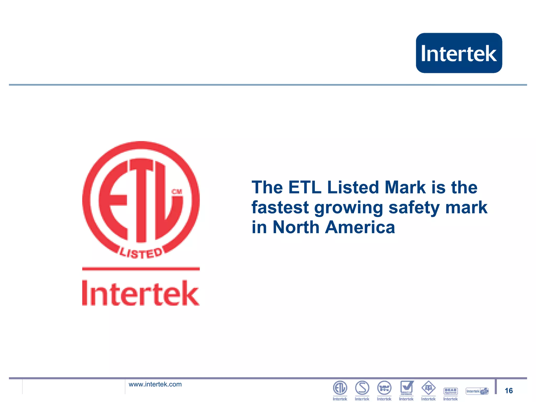 The ETL Listed Mark is the fastest growing safety mark in North America 
