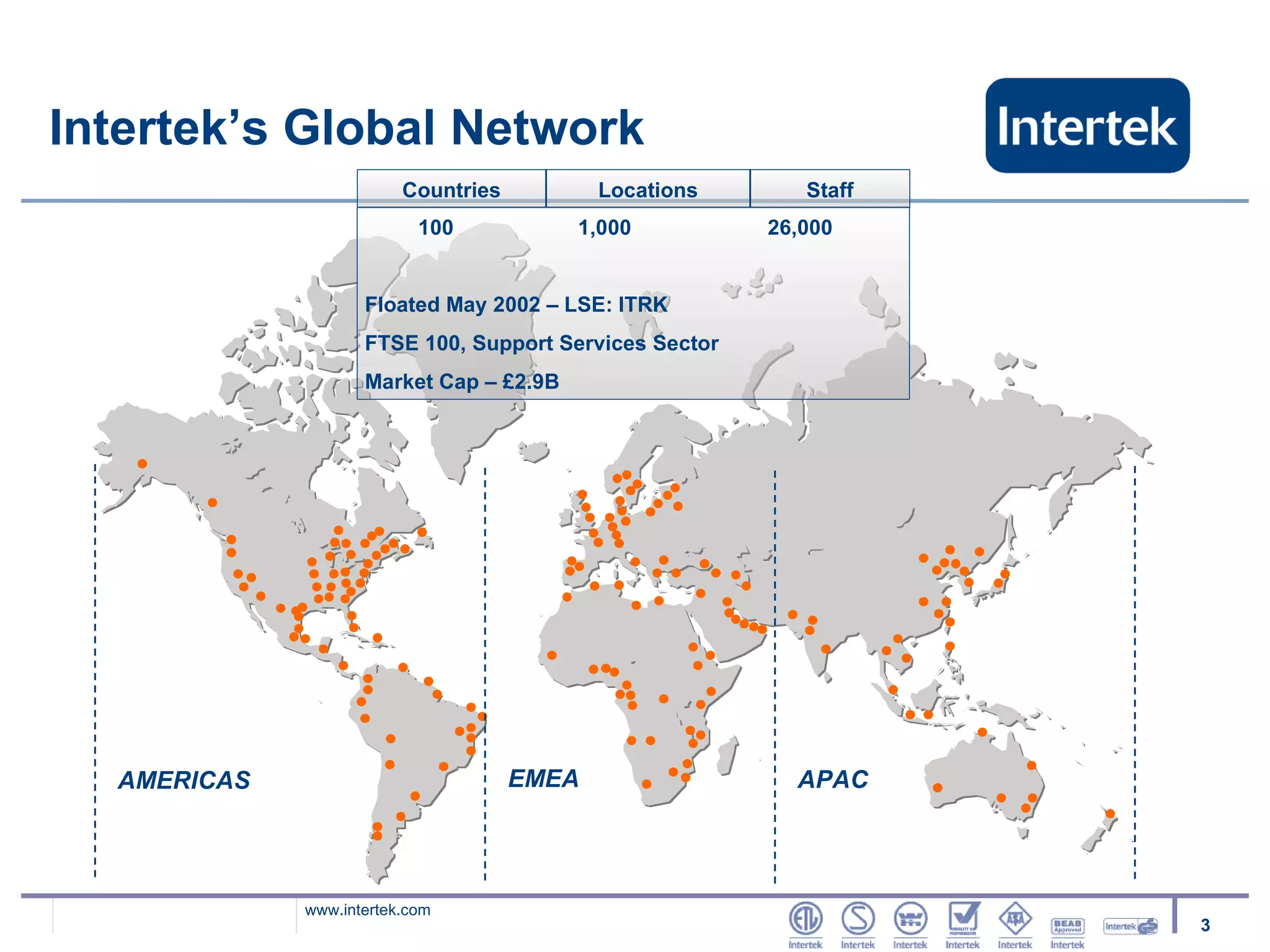 Intertek’s Global Network AMERICAS EMEA APAC   Staff Locations Countries 100  1,000  26,000 Floated May 2002 – LSE: ITRK FTSE 100, Support Services Sector Market Cap – £2.9B 