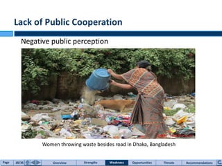 Credits : Indiatimes.com
Lack of Public Cooperation
Negative public perception
Women throwing waste besides road In Dhaka, Bangladesh
Page 18/36 Overview Strengths Threats RecommendationsOpportunitiesWeakness
 