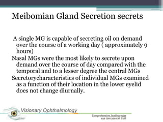 Meibomian Gland Secretion secrets

A single MG is capable of secreting oil on demand
 over the course of a working day ( approximately 9
 hours)
Nasal MGs were the most likely to secrete upon
 demand over the course of day compared with the
 temporal and to a lesser degree the central MGs
Secretorycharacteristics of individual MGs examined
 as a function of their location in the lower eyelid
 does not change diurnally.
 