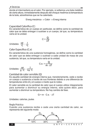100 U N F V – C E P R E V I
F Í S I C A
donde el intermediario es el calor. Por ejemplo, si soltamos una bola metálica
de cierta altura, inmediatamente después del choque medimos la temperatura
de la bola, advertiremos que se ha calentado.
Energ.mecánica → Calor → Energ.interna
Capacidad Calorífica (C)
Es característica de un cuerpo en particular, se define como la cantidad de
calor que se debe entregar o sustraer a un cuerpo, tal que, su temperatura
varía en la unidad.
C =
Unidades: ;
Calor Específico (C.e)
Es característica de una sustancia homogénea, se define como la cantidad
de calor que se debe entregar o sustraer a cada unidad de masa de una
sustancia, tal que, su temperatura varía en la unidad.
C.e. =
Unidades: ;
C
kg
J
°
⋅
Cantidad de calor sensible (Q)
Es aquella cantidad de energía interna que, transitoriamente, cede o recibe
un cuerpo o sustancia a través de sus fronteras debido a una diferencia de
temperaturas entre él y el cuerpo o medio que le rodea.
El calor sensible es la cantidad de calor que el cuerpo utiliza íntegramente
para aumentar o disminuir su energía interna, esto quiere decir, para
aumentar o disminuir su temperatura. No hay cambio de fase.
Q = m · C.e. · ∆T
Unidades: calorías, joules
Regla Práctica
Cuando una sustancia recibe o cede una cierta cantidad de calor, se
representa del siguiente modo:
10°C 30°C 60° C
Q1 Q2
 