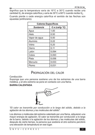 F Í S I C A
101
U N F V – C E P R E V I
Significa que la temperatura varía de 10°C a 30°C cuando recibe una
cantidad Q1
de energía calorífica y varía de 30°C a 60°C cuando recibe Q2
.
Cuando pierde o cede energía calorífica el sentido de las flechas son
opuestas (antihorario).
Calores Específicos
Sustancia C.e (cal/g·°C)
Agua 1,00
Hielo 0,50
Vapor de agua 0,50
Aluminio 0,22
Vidrio 0,20
Hierro 0,11
Latón 0,094
Cobre 0,093
Plata 0,056
Mercurio 0,033
Plomo 0,031
Propagación del calor
Conducción
Suponga que una persona sostiene uno de los extremos de una barra
metálica, y el otro extremo se pone en contacto con una flama.
BARRA CALENTADA
El calor se transmite por conducción a lo largo del sólido, debido a la
agitación de los átomos y las moléculas del sólido.
Los átomos o moléculas del extremo calentado por una flama, adquieren una
mayor energía de agitación. El calor se transmite por conducción a lo largo
de la barra, debido a la agitación de los átomos y las moléculas del sólido,
después de cierto tiempo, la persona que sostiene el otro extremo percibirá
una elevación de temperatura en ese lugar.
 