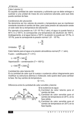 110 U N F V – C E P R E V I
F Í S I C A
Calor Latente (L)
Es aquella cantidad de calor necesaria y suficiente que se debe entregar o
sustraer a una unidad de masa de una sustancia saturada, para que ésta
pueda cambiar de fase.
Condiciones de saturación
Se denomina así los valores de presión y temperatura que se mantienen
constante durante el cambio de fase, para cada presión de saturación existe
un solo valor de su temperatura de saturación.
Por ejemplo si la presión es 1,01·105
Pa (1 atm), el agua no puede hervir a
95°C ni a 105°C, le corresponde una temperatura de ebullición de 100°C.
Análogamente, si el agua hierve a 100°C, la presión no puede ser 104
Pa, ni
106
Pa, pues le corresponde la presión normal 1,01 · 105
Pa.
L =
Unidades: ; kg
J
Calor latente para el agua a la presión atmosférica normal (P = 1 atm).
Fusión – solidificación (T = 0°C)
L = 80 = 340 kg
J
Vaporización – condensación (T = 100°C)
L = 540 = 2300 kg
J
Cantidad de calor latente (Q)
Es la cantidad de calor que el cuerpo o sustancia utiliza íntegramente para
modificar su estructura atómica o molecular, esto quiere decir para cambiar
la fase. No hay cambio de temperatura.
Q = m·L
Diferencia entre la cantidad de calor sensible y latente
–20°C 0°C 20°C
Q1 Q3
Hielo Agua
Q2
Si la sustancia es agua:
Q2
:Cantidad de calor latente para el
cambio de fase.
Q1
:Cantidad de calor sensible para el
cambio de temperatura en 20°C, en la
fase sólida.
Q3
:Cantidad de calor sensible para el
cambio de temperatura en 20°C en la
fase líquida.
 