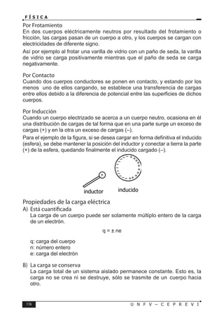 116 U N F V – C E P R E V I
F Í S I C A
Por Frotamiento
En dos cuerpos eléctricamente neutros por resultado del frotamiento o
fricción, las cargas pasan de un cuerpo a otro, y los cuerpos se cargan con
electricidades de diferente signo.
Así por ejemplo al frotar una varilla de vidrio con un paño de seda, la varilla
de vidrio se carga positivamente mientras que el paño de seda se carga
negativamente.
Por Contacto
Cuando dos cuerpos conductores se ponen en contacto, y estando por los
menos uno de ellos cargando, se establece una transferencia de cargas
entre ellos debido a la diferencia de potencial entre las superficies de dichos
cuerpos.
Por Inducción
Cuando un cuerpo electrizado se acerca a un cuerpo neutro, ocasiona en él
una distribución de cargas de tal forma que en una parte surge un exceso de
cargas (+) y en la otra un exceso de cargas (–).
Para el ejemplo de la figura, si se desea cargar en forma definitiva el inducido
(esfera), se debe mantener la posición del inductor y conectar a tierra la parte
(+) de la esfera, quedando finalmente el inducido cargado (–).
Propiedades de la carga eléctrica
A) Está cuantificada
La carga de un cuerpo puede ser solamente múltiplo entero de la carga
de un electrón.
q = ± ne
q: carga del cuerpo
n: número entero
e: carga del electrón
B) La carga se conserva
La carga total de un sistema aislado permanece constante. Esto es, la
carga no se crea ni se destruye, sólo se trasmite de un cuerpo hacia
otro.
+
inductor inducido
++
+
+
+
+
+
+
+
+
–
–
–
–
–
–
–
–
–– –
 