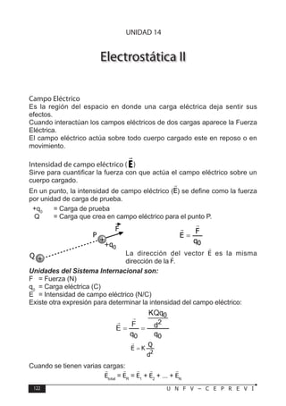 122 U N F V – C E P R E V I
F Í S I C A
Electrostática II
Campo Eléctrico
Es la región del espacio en donde una carga eléctrica deja sentir sus
efectos.
Cuando interactúan los campos eléctricos de dos cargas aparece la Fuerza
Eléctrica.
El campo eléctrico actúa sobre todo cuerpo cargado este en reposo o en
movimiento.
Intensidad de campo eléctrico ( )
Sirve para cuantificar la fuerza con que actúa el campo eléctrico sobre un
cuerpo cargado.
En un punto, la intensidad de campo eléctrico ( ) se define como la fuerza
por unidad de carga de prueba.
+q0
= Carga de prueba
Q = Carga que crea en campo eléctrico para el punto P.
La dirección del vector es la misma
dirección de la .
Unidades del Sistema Internacional son:
F = Fuerza (N)
q0
= Carga eléctrica (C)
E = Intensidad de campo eléctrico (N/C)
Existe otra expresión para determinar la intensidad del campo eléctrico:
Cuando se tienen varias cargas:
total
= R
= 1
+ 2
+ ... + N
+
+
P
Q
+q0
F
UNIDAD 14
 