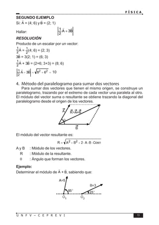 F Í S I C A
13
U N F V – C E P R E V I
SEGUNDO EJEMPLO
Si: = (4; 6) y = (2; 1)
Hallar:			
RESOLUCIÓN
Producto de un escalar por un vector:
= (4; 6) = (2; 3)
3 = 3(2; 1) = (6; 3)
+ 3 = (2+6; 3+3) = (8; 6)
10
4. Método del paralelogramo para sumar dos vectores
Para sumar dos vectores que tienen el mismo origen, se construye un
paralelogramo, trazando por el extremo de cada vector una paralela al otro.
El módulo del vector suma o resultante se obtiene trazando la diagonal del
paralelogramo desde el origen de los vectores.
El módulo del vector resultante es:
A y B : Módulo de los vectores.
R : Módulo de la resultante.
θ : Ángulo que forman los vectores.
Ejemplo:
Determinar el módulo de + , sabiendo que:
 