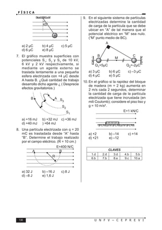 130 U N F V – C E P R E V I
F Í S I C A
a) 2 µC b) 4 µC c) 5 µC
d) 6 µC e) 8 µC
7. El gráfico muestra superficies con
potenciales S1
; S2
y S3
de 10 kV,
6 kV y 2 kV respectivamente, si
mediante un agente externo se
traslada lentamente a una pequeña
esfera electrizada con +4 µC desde
A hasta B. ¿Qué cantidad de trabajo
desarrollo dicho agente ¿ ( Desprecie
efectos gravitatorios.)
a) +16 mJ b) +32 mJ c) +36 mJ
d) +40 mJ ) +64 mJ
8. Una partícula electrizada con q = 20
mC es trasladada desde “A” hasta
“B”. Determine el trabajo realizado
por el campo eléctrico. (R = 10 cm.)
a) 32 J b) –16 J c) 8 J
d) –8 J e) 1,6 J
9. En el siguiente sistema de partículas
electrizadas determine la cantidad
de carga de la partícula que se debe
ubicar en “A” de tal manera que el
potencial eléctrico en “M” sea nulo.
(“M” punto medio de BC).
a) 3 µC b) 6 µC c) –3 µC
d) 4 µC e) 5 µC
10. En el gráfico si la rapidez del bloque
de madera (m = 2 kg) aumenta en
2 m/s cada 2 segundos, determinar
la cantidad de carga de la partícula
electrizada que tiene incrustada (en
mili Coulomb); considere el piso liso y
g = 10 m/s².
a) +2 b) –14 c) +14
d) +21 e) –12
CLAVES
1.d 2.d 3.d 4.b 5.b
6.b 7.b 8.e 9.c 10.a
 
