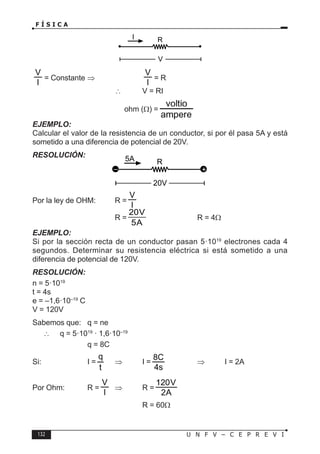 132 U N F V – C E P R E V I
F Í S I C A
= Constante ⇒		 = R
				 ∴ V = RI
ohm (Ω) =
EJEMPLO:
Calcular el valor de la resistencia de un conductor, si por él pasa 5A y está
sometido a una diferencia de potencial de 20V.
RESOLUCIÓN:
Por la ley de OHM: R =
				R =
20V
5A
		 R = 4Ω
EJEMPLO:
Si por la sección recta de un conductor pasan 5·1019
electrones cada 4
segundos. Determinar su resistencia eléctrica si está sometido a una
diferencia de potencial de 120V.
RESOLUCIÓN:
n = 5·1019
t = 4s
e = –1,6·10–19
C
V = 120V
Sabemos que: q = ne
∴ q = 5·1019
· 1,6·10–19
			 q = 8C
Si:			 I = ⇒ I = 		 ⇒ I = 2A
Por Ohm: R = ⇒ R =
					R = 60Ω
R
V
I
R
20V
5A
– +
 
