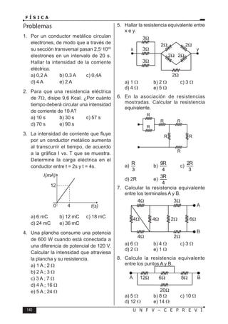 140 U N F V – C E P R E V I
F Í S I C A
Problemas
1. Por un conductor metálico circulan
electrones, de modo que a través de
su sección transversal pasan 2,5·1020
electrones en un intervalo de 20 s.
Hallar la intensidad de la corriente
eléctrica.
a) 0,2 A b) 0,3 A c) 0,4A
d) 4 A e) 2 A
2. Para que una resistencia eléctrica
de 7Ω, disipe 9,6 Kcal. ¿Por cuánto
tiempo deberá circular una intensidad
de corriente de 10 A?
a) 10 s b) 30 s c) 57 s
d) 70 s e) 90 s
3. La intensidad de corriente que fluye
por un conductor metálico aumenta
al transcurrir el tiempo, de acuerdo
a la gráfica I vs. T que se muestra.
Determine la carga eléctrica en el
conductor entre t = 2s y t = 4s.
a) 6 mC b) 12 mC c) 18 mC
d) 24 mC e) 36 mC
4. Una plancha consume una potencia
de 600 W cuando está conectada a
una diferencia de potencial de 120 V.
Calcular la intensidad que atraviesa
la plancha y su resistencia.
a) 1 A ; 2 Ω
b) 2 A ; 3 Ω
c) 3 A ; 7 Ω
d) 4 A ; 16 Ω
e) 5 A ; 24 Ω
5. Hallar la resistencia equivalente entre
x e y.
a) 1 Ω b) 2 Ω c) 3 Ω
d) 4 Ω e) 5 Ω
6. En la asociación de resistencias
mostradas. Calcular la resistencia
equivalente.
a)
R
3
b)
9R
4
c)
2R
3
d) 2R e)
3R
4
7. Calcular la resistencia equivalente
entre los terminales A y B.
a) 6 Ω b) 4 Ω c) 3 Ω
d) 2 Ω e) 1 Ω
8. Calcule la resistencia equivalente
entre los puntos A y B.
a) 5 Ω b) 8 Ω c) 10 Ω
d) 12 Ω e) 14 Ω
 