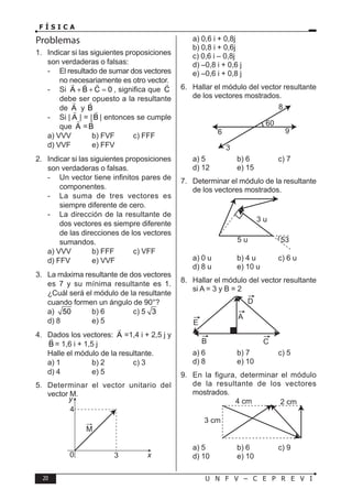 20 U N F V – C E P R E V I
F Í S I C A
Problemas
1. Indicar si las siguientes proposiciones
son verdaderas o falsas:
- El resultado de sumar dos vectores
no necesariamente es otro vector.
- Si A B C 0
+ + =

 
, significa que C

debe ser opuesto a la resultante
de A

y B

- Si | A

| = |B

| entonces se cumple
que A

=B

a) VVV b) FVF c) FFF
d) VVF e) FFV
2. Indicar si las siguientes proposiciones
son verdaderas o falsas.
- Un vector tiene infinitos pares de
componentes.
- La suma de tres vectores es
siempre diferente de cero.
- La dirección de la resultante de
dos vectores es siempre diferente
de las direcciones de los vectores
sumandos.
a) VVV b) FFF c) VFF
d) FFV e) VVF
3. La máxima resultante de dos vectores
es 7 y su mínima resultante es 1.
¿Cuál será el módulo de la resultante
cuando formen un ángulo de 90°?
a) 50 b) 6 c) 5 3
d) 8 e) 5
4. Dados los vectores: A

=1,4 i + 2,5 j y
B

= 1,6 i + 1,5 j
Halle el módulo de la resultante.
a) 1 b) 2 c) 3
d) 4 e) 5
5. Determinar el vector unitario del
vector M.
3
0
4
y
x
M
a) 0,6 i + 0,8j
b) 0,8 i + 0,6j
c) 0,6 i – 0,8j
d) –0,8 i + 0,6 j
e) –0,6 i + 0,8 j
6. Hallar el módulo del vector resultante
de los vectores mostrados.
3
6 9
8
60
a) 5 b) 6 c) 7
d) 12 e) 15
7. Determinar el módulo de la resultante
de los vectores mostrados.
5 u
3 u
53
a) 0 u b) 4 u c) 6 u
d) 8 u e) 10 u
8. Hallar el módulo del vector resultante
si A = 3 y B = 2
B C
D
E
A
a) 6 b) 7 c) 5
d) 8 e) 10
9. En la figura, determinar el módulo
de la resultante de los vectores
mostrados.
4 cm 2 cm
3 cm
a) 5 b) 6 c) 9
d) 10 e) 10
 