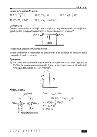 F Í S I C A
29
U N F V – C E P R E V I
Ecuaciones para M.V.C.L.
1) h = 






 +
2
V
V f
0
t		 2) Vf
= V0
+ gt		 3) h = V0
t + gt2
4) Vf
2
= V0
2
+ 2at2
5) hn
= V0
+ g(2n–1)
Comentario
De una misma altura se dejó caer una pluma de gallina y un trozo de plomo,
¿cuál de los cuerpos toca primero el suelo si están en el vacío?
Respuesta: Llegan simultáneamente
En los problemas a resolverse se consideran a los cuerpos en el vacío, salvo
que se indique lo contrario.
Ejemplos:
1) Se lanza verticalmente hacia arriba una partícula con una rapidez de
V=30 m/s, como se muestra en la figura; si se mantuvo en el aire durante
10 segundos, hallar “h”. (g = 10 m/s2
).
RESOLUCIÓN
Dato: ttotal
= 10 s
* De BC: h = V0
t + gt2
h = 30(4) + 10(4)2
h = 120 + 80
h = 200 m
g
vacío
plomo
pluma
V
g
h
3 s 3 s
V=0
30 m/s 30 m/s
4 s
B
C
A
h
 