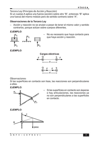 F Í S I C A
35
U N F V – C E P R E V I
Tercera Ley (Principio de Acción y Reacción)
Si un cuerpo A aplica una fuerza (acción) sobre otro “B”, entonces “B” aplica
una fuerza del mismo módulo pero de sentido contrario sobre “A”.
Observaciones de la Tercera Ley
– Acción y reacción no se anulan a pesar de tener el mismo valor y sentido
contrarios, porque actúan sobre cuerpos diferentes.
EJEMPLO:
– No es necesario que haya contacto para
que haya acción y reacción.
EJEMPLO:
Cargas eléctricas
Observaciones
Si las superficies en contacto son lisas, las reacciones son perpendiculares
a ellas.
EJEMPLO:
– Si las superficies en contacto son ásperas
o hay articulaciones, las reacciones ya
no son perpendiculares a las superficies
en contacto.
EJEMPLO:
AC
RC
AC
RC
Q q
F F
d
+ –
Q q
F F
d
+ +
R1
R2
R
peso
T
 