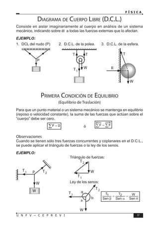 F Í S I C A
37
U N F V – C E P R E V I
Diagrama de Cuerpo Libre (D.C.L.)
Consiste en aislar imaginariamente al cuerpo en análisis de un sistema
mecánico, indicando sobre él a todas las fuerzas externas que lo afectan.
EJEMPLO:
P
T1
W
T T
R
T
W
1. DCL del nudo (P) 2. D.C.L. de la polea. 3. D.C.L. de la esfera.
Primera Condición de Equilibrio
(Equilibrio de Traslación)
Para que un punto material o un sistema mecánico se mantenga en equilibrio
(reposo o velocidad constante), la suma de las fuerzas que actúan sobre el
“cuerpo” debe ser cero.
0
F =
∑ ó 
  F
F
Observaciones
Cuando se tienen sólo tres fuerzas concurrentes y coplanares en el D.C.L.,
se puede aplicar el triángulo de fuerzas o la ley de los senos.
EJEMPLO:
Triángulo de fuerzas:
Ley de los senos:




 Sen
W
Sen
T
Sen
T 2
1
P
W
W
T1 T2
T2
W
T1
T1
T2
W
�
�
�
q
b
a
 