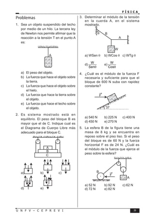 F Í S I C A
39
U N F V – C E P R E V I
Problemas
1. Sea un objeto suspendido del techo
por medio de un hilo. La tercera ley
de Newton nos permite afirmar que la
reacción a la tensión T en el punto A
es:
A
a) El peso del objeto.
b) La fuerza que hace el objeto sobre
la tierra.
c) La fuerza que hace el objeto sobre
el hielo.
d) La fuerza que hace la tierra sobre
el objeto.
e) La fuerza que hace el techo sobre
el objeto.
2. Es sistema mostrado está en
equilibrio. El peso del bloque B es
mayor que el de C. Indique cual es
el Diagrama de Cuerpo Libre más
adecuado para el bloque C.
A
B
C
a) b) c)
d) e)
3. Determinar el módulo de la tensión
en la cuerda A, en el sistema
mostrado.
A
B
W
a) WSen θ b) WCos θ c) WTg θ
d)
W
Senθ
e)
W
Cosθ
4. ¿Cuál es el módulo de la fuerza F
necesaria y suficiente para que el
bloque de 600 N suba con rapidez
constante?
37
F
a) 540 N b) 225 N c) 400 N
d) 450 N e) 270 N
5. La esfera B de la figura tiene una
masa de 8 kg y se encuentra en
reposo sobre el piso liso. Si el peso
del bloque es de 60 N y la fuerza
horizontal F es de 24 N. ¿Cuál es
el módulo de la fuerza que ejerce el
peso sobre la esfera?
B
A
F
a) 52 N b) 92 N c) 62 N
d) 72 N e) 82 N
 