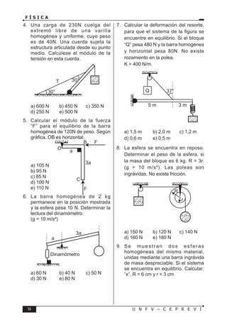 56 U N F V – C E P R E V I
F Í S I C A
4. Una carga de 230N cuelga del
extremó libre de una varilla
homogénea y uniforme, cuyo peso
es de 40N. Una cuerda sujeta la
estructura articulada desde su punto
medio. Calcúlese el módulo de la
tensión en esta cuerda.
a) 600 N b) 450 N c) 350 N
d) 250 N e) 500 N
5. Calcular el módulo de la fuerza
“F” para el equilibrio de la barra
homogénea de 120N de peso. Según
gráfica. OB es horizontal.
a) 105 N
b) 95 N
c) 85 N
d) 100 N
e) 110 N
6. La barra homogénea de 2 kg
permanece en la posición mostrada
y la esfera pesa 10 N. Determinar la
lectura del dinamómetro.
(g = 10 m/s²)
a) 60 N b) 40 N c) 50 N
d) 30 N e) 80 N
7. Calcular la deformación del resorte,
para que el sistema de la figura se
encuentre en equilibrio. Si el bloque
“Q” pesa 480 N y la barra homogénea
y horizontal pesa 80N. No existe
rozamiento en la polea.
K = 400 N/m.
a) 1,5 m b) 2,0 m c) 1,2 m
d) 0,6 m e) 0,5 m
8. La esfera se encuentra en reposo.
Determinar el peso de la esfera, si
la masa del bloque es 6 kg. R = 3r.
(g = 10 m/s²). Las poleas son
ingrávidas. No existe fricción.
a) 150 N b) 120 N c) 140 N
d) 160 N e) 180 N
9. Se muestran dos esferas
homogéneas del mismo material,
unidas mediante una barra ingrávida
de masa despreciable. Si el sistema
se encuentra en equilibrio. Calcular:
“x”. R = 6 cm y r = 3 cm
 