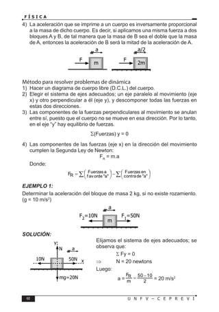 60 U N F V – C E P R E V I
F Í S I C A
4) La aceleración que se imprime a un cuerpo es inversamente proporcional
a la masa de dicho cuerpo. Es decir, si aplicamos una misma fuerza a dos
bloques A y B, de tal manera que la masa de B sea el doble que la masa
de A, entonces la aceleración de B será la mitad de la aceleración de A.
Método para resolver problemas de dinámica
1) Hacer un diagrama de cuerpo libre (D.C.L.) del cuerpo.
2) Elegir el sistema de ejes adecuados; un eje paralelo al movimiento (eje
x) y otro perpendicular a él (eje y), y descomponer todas las fuerzas en
estas dos direcciones.
3) Las componentes de la fuerzas perpendiculares al movimiento se anulan
entre sí, puesto que el cuerpo no se mueve en esa dirección. Por lo tanto,
en el eje “y” hay equilibrio de fuerzas.
Σ(Fuerzas) y = 0
4) Las componentes de las fuerzas (eje x) en la dirección del movimiento
cumplen la Segunda Ley de Newton:
FR
= m.a
Donde:
∑
∑ 





−






= en
Fuerzas
a
de
contra
a
Fuerzas
a
de
f av or
R
F
EJEMPLO 1:
Determinar la aceleración del bloque de masa 2 kg, si no existe rozamiento.
(g = 10 m/s2
)
F F
m 2m
a a/2
F1
=50N
m
a
F2
=10N
50N
a
10N
N
mg=20N
y
x
SOLUCIÓN:
Elijamos el sistema de ejes adecuados; se
observa que:
		 Σ Fy = 0
⇒ N = 20 newtons
Luego:
a = 2
10
50
m
FR −
= = 20 m/s2
 