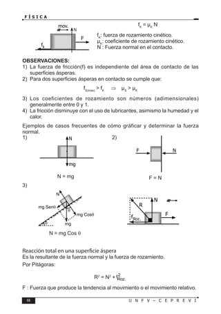 68 U N F V – C E P R E V I
F Í S I C A
1)
N = mg
2)
F = N
fK
= µK
N
fK
: fuerza de rozamiento cinético.
µK
: coeficiente de rozamiento cinético.
N : Fuerza normal en el contacto.
OBSERVACIONES:
1) La fuerza de fricción(f) es independiente del área de contacto de las
superficies ásperas.
2) Para dos superficies ásperas en contacto se cumple que:
fS(max)
 fK
⇒ µS
 µK
3) Los coeficientes de rozamiento son números (adimensionales)
generalmente entre 0 y 1.
4) La fricción disminuye con el uso de lubricantes, asimismo la humedad y el
calor.
Ejemplos de casos frecuentes de cómo gráficar y determinar la fuerza
normal.
fk
F
mov.
N
mg
N
F
3)
N = mg Cos θ
θ
θ
mg Senθ
mg Cosθ
mg
N
F
R
N
fRoz.
N
Reacción total en una superficie áspera
Es la resultante de la fuerza normal y la fuerza de rozamiento.
Por Pitágoras:
R2
= N2
+
F : Fuerza que produce la tendencia al movimiento o el movimiento relativo.
 