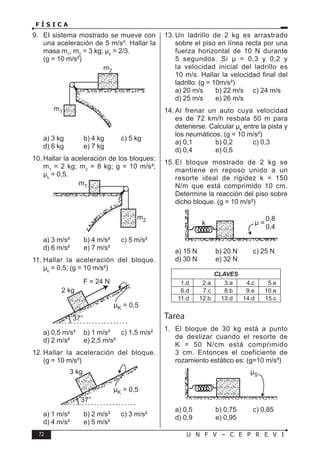 72 U N F V – C E P R E V I
F Í S I C A
9. EI sistema mostrado se mueve con
una aceleración de 5 m/s². Hallar la
masa m1
, m2
= 3 kg; µk
= 2/3.
(g = 10 m/s²)
a) 3 kg b) 4 kg c) 5 kg
d) 6 kg e) 7 kg
10. Hallar la aceleración de los bloques:
m1
= 2 kg; m2
= 8 kg; g = 10 m/s²;
µk
= 0,5.
a) 3 m/s² b) 4 m/s² c) 5 m/s²
d) 6 m/s² e) 7 m/s²
11. Hallar la aceleración del bloque.
µk
= 0,5; (g = 10 m/s²)
a) 0,5 m/s² b) 1 m/s² c) 1,5 m/s²
d) 2 m/s² e) 2,5 m/s²
12. Hallar la aceleración del bloque.
(g = 10 m/s²)
a) 1 m/s² b) 2 m/s² c) 3 m/s²
d) 4 m/s² e) 5 m/s²
13. Un ladrillo de 2 kg es arrastrado
sobre el piso en línea recta por una
fuerza horizontal de 10 N durante
5 segundos. Si µ = 0,3 y 0,2 y
la velocidad inicial del ladrillo es
10 m/s. Hallar la velocidad final del
ladrillo. (g = 10m/s²)
a) 20 m/s b) 22 m/s c) 24 m/s
d) 25 m/s e) 26 m/s
14. Al frenar un auto cuya velocidad
es de 72 km/h resbala 50 m para
detenerse. Calcular µk
entre la pista y
los neumáticos. (g = 10 m/s²)
a) 0,1 b) 0,2 c) 0,3
d) 0,4 e) 0,5
15. El bloque mostrado de 2 kg se
mantiene en reposo unido a un
resorte ideal de rigidez k = 150
N/m que está comprimido 10 cm.
Determine la reacción del piso sobre
dicho bloque. (g = 10 m/s²)
a) 15 N b) 20 N c) 25 N
d) 30 N e) 32 N
CLAVES
1.d 2.a 3.a 4.c 5.e
6.d 7.c 8.b 9.e 10.e
11.d 12.b 13.d 14.d 15.c
Tarea
1. El bloque de 30 kg está a punto
de deslizar cuando el resorte de
K = 50 N/cm está comprimido
3 cm. Entonces el coeficiente de
rozamiento estático es: (g=10 m/s²)
a) 0,5 b) 0,75 c) 0,85
d) 0,9 e) 0,95
 
