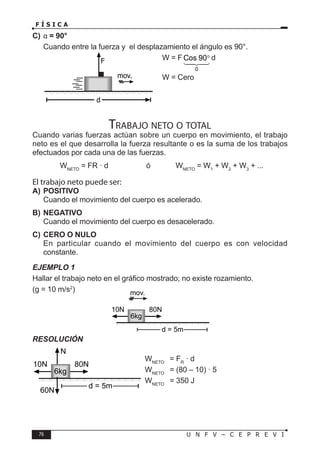 76 U N F V – C E P R E V I
F Í S I C A
C) α = 90°
Cuando entre la fuerza y el desplazamiento el ángulo es 90°.
W = F
0
Cos 90°




d
W = Cero
Trabajo neto o total
Cuando varias fuerzas actúan sobre un cuerpo en movimiento, el trabajo
neto es el que desarrolla la fuerza resultante o es la suma de los trabajos
efectuados por cada una de las fuerzas.
		 WNETO
= FR · d		 ó WNETO
= W1
+ W2
+ W3
+ ...
El trabajo neto puede ser:
A) POSITIVO
Cuando el movimiento del cuerpo es acelerado.
B) NEGATIVO
Cuando el movimiento del cuerpo es desacelerado.
C) CERO O NULO
En particular cuando el movimiento del cuerpo es con velocidad
constante.
EJEMPLO 1
Hallar el trabajo neto en el gráfico mostrado; no existe rozamiento.
(g = 10 m/s2
)
RESOLUCIÓN
WNETO
= FR
· d
WNETO
= (80 – 10) · 5
WNETO
= 350 J
F
d
mov.
6kg
10N 80N
mov.
d = 5m
6kg
10N 80N
d = 5m
N
60N
 