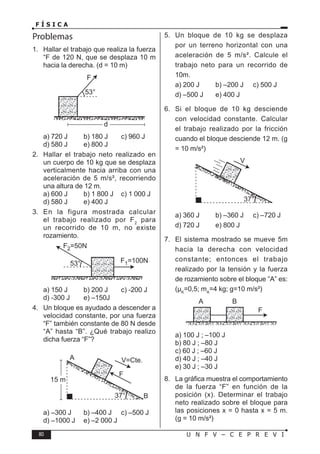 80 U N F V – C E P R E V I
F Í S I C A
Problemas
1. Hallar el trabajo que realiza la fuerza
“F de 120 N, que se desplaza 10 m
hacia la derecha. (d = 10 m)
a) 720 J b) 180 J c) 960 J
d) 580 J e) 800 J
2. Hallar el trabajo neto realizado en
un cuerpo de 10 kg que se desplaza
verticalmente hacia arriba con una
aceleración de 5 m/s², recorriendo
una altura de 12 m.
a) 600 J b) 1 800 J c) 1 000 J
d) 580 J e) 400 J
3. En la figura mostrada calcular
el trabajo realizado por F2
para
un recorrido de 10 m, no existe
rozamiento.
a) 150 J b) 200 J c) -200 J
d) -300 J e) –150J
4. Un bloque es ayudado a descender a
velocidad constante, por una fuerza
“F” también constante de 80 N desde
“A” hasta “B”. ¿Qué trabajo realizo
dicha fuerza “F”?
a) –300 J b) –400 J c) –500 J
d) –1000 J e) –2 000 J
5. Un bloque de 10 kg se desplaza
por un terreno horizontal con una
aceleración de 5 m/s². Calcule el
trabajo neto para un recorrido de
10m.
a) 200 J b) –200 J c) 500 J
d) –500 J e) 400 J
6. Si el bloque de 10 kg desciende
con velocidad constante. Calcular
el trabajo realizado por la fricción
cuando el bloque desciende 12 m. (g
= 10 m/s²)
a) 360 J b) –360 J c) –720 J
d) 720 J e) 800 J
7. El sistema mostrado se mueve 5m
hacia la derecha con velocidad
constante; entonces el trabajo
realizado por la tensión y la fuerza
de rozamiento sobre el bloque “A” es:
(µK
=0,5; mA
=4 kg; g=10 m/s²)
a) 100 J ; –100 J
b) 80 J ; –80 J
c) 60 J ; –60 J
d) 40 J ; –40 J
e) 30 J ; –30 J
8. La gráfica muestra el comportamiento
de la fuerza “F” en función de la
posición (x). Determinar el trabajo
neto realizado sobre el bloque para
las posiciones x = 0 hasta x = 5 m.
(g = 10 m/s²)
 