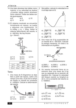 90 U N F V – C E P R E V I
F Í S I C A
14. Una bala atraviesa tres tablas como
máximo, sí su velocidad se duplica
¿Cuántas tablas podrá atravesar
como máximo? Todas las tablas son
de igual espesor.
a) 8 b) 9 c) 10
d) 11 e) 12
15. El sistema mostrado se encuentra
inicialmente en reposo, se suelta
y adquiere una aceleración. Si
m1
=40kg, y m2
= 20kg. Hallar la
máxima deformación del resorte, si
k = 400 N/m. No hay fricción.
(g = 10m/s²)
a) 1 m b) 2 m c) 3 m
d) 4 m e) 5 m
CLAVES
1.e 2.b 3.a 4.a 5.d
6.c 7.e 8.d 9.d 10.a
11.b 12.a 13.b 14.e 15.a
Tarea
1. Una masa de 8 kilogramos se deja
libre a partir del reposo, sobre una
rampa curva lisa, al pie de la rampa
se instala un resorte de constante
k = 400N/m. Calcule la deformación
del resorte.
a) 1 m b) 0,8 m c) 2 m
d) 1,5 m e) 3 m
2. Del gráfico, calcular la velocidad en A
si se deja caer en B.
a) 2g(H h)
+ b) 2g(h H)
−
c) 2g(H h)
− d) 3g(H h)
−
e) 3g(H h)
+
3. Una masa de 8 kg suspendida de
un resorte de k = 400 N/m. Calcular
la energía mecánica. En base a la
información en el gráfico.
V=10m/s
3 dm
x
20 m
a) 2000 J b) 3005 J c) 2036 J
d) 20045 J e) 5000 J
4. Un resorte horizontal tiene en su
extremo libre una masa de 8 kg
que es separada de su posición de
equilibrio 2m. Calcular la velocidad
del bloque cuando su longitud es
2d m. Si la constante del resorte es
k = 800N/m.
a) 6 11 m/s b) 7 12 m/s
c) 8 13 m/s d) 8 11 m/s
e) 9 12 m/s
 