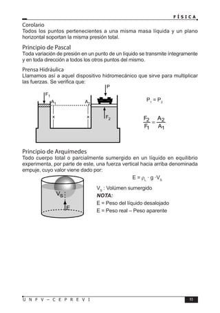 F Í S I C A
93
U N F V – C E P R E V I
Corolario
Todos los puntos pertenecientes a una misma masa líquida y un plano
horizontal soportan la misma presión total.
Principio de Pascal
Toda variación de presión en un punto de un líquido se transmite íntegramente
y en toda dirección a todos los otros puntos del mismo.
Prensa Hidráulica
Llamamos así a aquel dispositivo hidromecánico que sirve para multiplicar
las fuerzas. Se verifica que:
P1
= P2
Principio de Arquímedes
Todo cuerpo total o parcialmente sumergido en un líquido en equilibrio
experimenta, por parte de este, una fuerza vertical hacia arriba denominada
empuje, cuyo valor viene dado por:
E = ρL
· g ·VS
VS
: Volúmen sumergido
NOTA:
E = Peso del líquido desalojado
E = Peso real – Peso aparente
F2
F1
x x
A1 A2
P
 