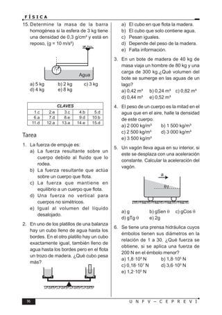 96 U N F V – C E P R E V I
F Í S I C A
15. Determine la masa de la barra
homogénea si la esfera de 3 kg tiene
una densidad de 0,3 g/cm³ y está en
reposo, (g = 10 m/s²)
a) 5 kg b) 2 kg c) 3 kg
d) 4 kg e) 8 kg
CLAVES
1.c 2.e 3.c 4.b 5.d
6.a 7.d 8.e 9.d 10.b
11.d 12.a 13.a 14.e 15.d
Tarea
1. La fuerza de empuje es:
a) La fuerza resultante sobre un
cuerpo debido al fluido que lo
rodea.
b) La fuerza resultante que actúa
sobre un cuerpo que flota.
c) La fuerza que mantiene en
equilibrio a un cuerpo que flota.
d) Una fuerza no vertical para
cuerpos no simétricos.
e) Igual al volumen del líquido
desalojado.
2. En uno de los platillos de una balanza
hay un cubo lleno de agua hasta los
bordes. En el otro platillo hay un cubo
exactamente igual, también lleno de
agua hasta los bordes pero en el flota
un trozo de madera. ¿Qué cubo pesa
más?
a) El cubo en que flota la madera.
b) El cubo que solo contiene agua.
c) Pesan iguales.
d) Depende del peso de la madera.
e) Falta información.
3. En un bote de madera de 40 kg de
masa viaja un hombre de 80 kg y una
carga de 300 kg.¿Qué volumen del
bote se sumerge en las aguas de un
lago?
a) 0,42 m³ b) 0,24 m³ c) 0,82 m³
d) 0,44 m³ e) 0,52 m³
4. El peso de un cuerpo es la mitad en el
agua que en el aire, halle la densidad
de este cuerpo.
a) 2 000 kg/m³ b) 1 500 kg/m³
c) 2 500 kg/m³ d) 3 000 kg/m³
e) 3 500 kg/m³
5. Un vagón lleva agua en su interior, si
este se desplaza con una aceleración
constante. Calcular la aceleración del
vagón.
a) g b) gSen θ c) gCos θ
d) gTg θ e) 2g
6. Se tiene una prensa hidráulica cuyos
émbolos tienen sus diámetros en la
relación de 1 a 30. ¿Qué fuerza se
obtiene, si se aplica una fuerza de
200 N en el émbolo menor?
a) 1,8·10³ N b) 1,8·105
N
c) 0,18·107
N d) 3,6·105
N
e) 1,2·105
N
 
