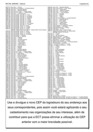 RIO DE JANEIRO – Itaboraí                                                                                                                                                    Logradouros

24815-314   Vinte e Dois - r - Jd Ferma                                                          24859-564   Vinte e Três - r - Marambaia (Manilha)
24856-180   Vinte e Dois (Lot Vl Gabriela I) - r - Vl Gabriela (Manilha)                         24865-630   Vinte e Três (Lot M Sol) - r - M Sol I (Itambi)
24856-580   Vinte e Dois - r - Sto Antônio (Manilha)                                             24867-520   Vinte e Três - r - Gebara (Itambi)
24859-568   Vinte e Dois - r - Marambaia (Manilha)                                               24876-065   Vinte e Três - r - Itamarati (Vsc Itaboraí)
24866-540   Vinte e Dois (Lot C G Rio) - r - J Caetano (Itambi)                                  24877-825   Vinte e Três - r - V Sol (Vsc Itaboraí)
24866-656   Vinte e Dois (Lot J Caetano) - r - J Caetano (Itambi)                                24877-685   Vinte e Três A - r - V Sol (Vsc Itaboraí)
24877-855   Vinte e Dois - r - V Sol (Vsc Itaboraí)                                              24802-710   Vinte e Um - r - Esperança
24800-097   Vinte e Dois de Maio - lado ímpar - av - Centro                                      24808-228   Vinte e Um - r - Ampliação
24800-258   Vinte e Dois de Maio - lado ímpar - av - Jd Imperial                                 24808-508   Vinte e Um - r - Caluge
24801-088   Vinte e Dois de Maio - lado ímpar - av - Nancilândia                                 24813-624   Vinte e Um - r - J Oliveira
24802-415   Vinte e Dois de Maio - lado ímpar - av - Esperança                                   24856-184   Vinte e Um (Lot Vl Gabriela I) - r - Vl Gabriela (Manilha)
24803-000   Vinte e Dois de Maio - lado ímpar - av - E Velho                                     24859-572   Vinte e Um - r - Marambaia (Manilha)
24804-706   Vinte e Dois de Maio - lado ímpar - av - V Pedras                                    24865-410   Vinte e Um - r - M Sol II (Itambi)
24812-086   Vinte e Dois de Maio - lado ímpar - av - R Várzea                                    24865-610   Vinte e Um - r - M Sol I (Itambi)
24812-226   Vinte e Dois de Maio - lado ímpar - av - O Pedras                                    24866-544   Vinte e Um - r - J Caetano (Itambi)
24813-000   Vinte e Dois de Maio - lado ímpar - av - Rer S Joaquim                               24867-476   Vinte e Um - r - Gebara (Itambi)
24813-504   Vinte e Dois de Maio - lado ímpar - av - J Oliveira                                  24877-850   Vinte e Um - r - V Sol (Vsc Itaboraí)
24800-065   Vinte e Dois de Maio - lado par - av - Centro                                        24875-510   Virgílio Figueiredo - tv - Maravilha (Vsc Itaboraí)
24804-000   Vinte e Dois de Maio - lado par - av - N Cidade                                      24812-452   Virgílio Gonçalves - r - Sto Expedito
24804-703   Vinte e Dois de Maio - lado par - av - V Pedras                                      24809-246   Virgílio Manoel da Rocha - r - T Pontes
24805-000   Vinte e Dois de Maio - lado par - av - Colônia                                       24804-006   Virgílio Novis - r - N Cidade
            24805-900 - Avenida Vinte e Dois de Maio, s/n - Hospital Colônia Tavares de Macedo   24868-432   Virgílio Ribeiro Lopes - r - Jd Itambi (Itambi)
24805-600   Vinte e Dois de Maio - lado par - av - Itaville                                      24867-512   Virgínia Paula dos Santos Alves - av - Gebara (Itambi)
24812-082   Vinte e Dois de Maio - lado par - av - R Várzea                                                  Visconde - Veja pelo nome seguinte
24812-222   Vinte e Dois de Maio - lado par - av - O Pedras                                      24815-178   W - r - Jd Ferma
24812-516   Vinte e Dois de Maio - lado par - av - Sto Expedito                                  24815-520   W - r - C Areal
24804-454   Vinte e Dois de Maio - r - Quissamã                                                  24857-536   W - r - Mte Verde (Manilha)
24804-457   Vinte e Dois de Maio - tv - Quissamã                                                 24804-709   Walde José da Costa - r - V Pedras
24802-690   Vinte e Nove - r - Esperança                                                         24855-080   Waldemar Bezerra - r - Centro (Manilha)
24813-532   Vinte e Nove - r - J Oliveira                                                        24804-451   Waldemar Olímpio da Silva - r - Quissamã
24856-704   Vinte e Nove - r - Sto Antônio (Manilha)                                             24856-512   Waldir Pereira - r - Sto Antônio (Manilha)
24865-340   Vinte e Nove - r - M Sol II (Itambi)                                                 24812-258   Walfrido Firmino de Moraes - r - O Pedras
24865-650   Vinte e Nove - r - M Sol I (Itambi)                                                  24860-140   Walnice Pereira da Costa Lugão - r - N Horizonte (Manilha)
24866-500   Vinte e Nove - r - J Caetano (Itambi)                                                24800-327   Willy Rulff Vargas - r - Jd Imperial
24867-492   Vinte e Nove - r - Gebara (Itambi)                                                   24809-032   X - de Quadra 1 a Quadra 11 - r - B Vista
24877-620   Vinte e Nove - r - V Sol (Vsc Itaboraí)                                              24809-084   X - de Quadra 18 a Quadra 39 - r - B Vista
24802-695   Vinte e Oito - r - Esperança                                                         24812-368   X - r - O Pedras
24808-124   Vinte e Oito - r - Ampliação                                                         24815-190   X - r - Jd Ferma
24813-596   Vinte e Oito - r - J Oliveira                                                        24815-516   X - r - C Areal
24856-712   Vinte e Oito - r - Sto Antônio (Manilha)                                             24841-210   X - r - At Jacú (Sambaetiba)
24859-460   Vinte e Oito - r - Marambaia (Manilha)                                               24857-528   X - r - Mte Verde (Manilha)
24866-504   Vinte e Oito (Lot C G Rio) - r - J Caetano (Itambi)                                  24858-524   X - r - Apolo II (Manilha)
24866-688   Vinte e Oito (Lot J Caetano) - r - J Caetano (Itambi)                                24860-440   X - r - G Cabuçu (Manilha)
24867-488   Vinte e Oito - r - Gebara (Itambi)                                                   24809-024   XI - r - B Vista
24875-075   Vinte e Oito - r - Centro (Vsc Itaboraí)                                             24812-372   XI - r - O Pedras
24876-170   Vinte e Oito - r - Itamarati (Vsc Itaboraí)                                          24856-504   XI - r - Sto Antônio (Manilha)
24877-625   Vinte e Oito - r - V Sol (Vsc Itaboraí)                                              24809-020   XII - r - B Vista
24878-025   Vinte e Oito - r - Vl Visconde (Vsc Itaboraí)                                        24809-052   XIII - r - B Vista
24802-705   Vinte e Quatro - r - Esperança                                                       24868-244   XIII - r - Jd Itambi (Itambi)
24808-184   Vinte e Quatro - r - Ampliação                                                       24809-048   XIV - r - B Vista
24808-524   Vinte e Quatro - r - Caluge                                                          24868-248   XIV - r - Jd Itambi (Itambi)
24813-612   Vinte e Quatro - r - J Oliveira                                                      24809-056   XIX - r - B Vista
24815-310   Vinte e Quatro - r - Jd Ferma                                                        24868-260   XIX - r - Jd Itambi (Itambi)
24856-588   Vinte e Quatro - r - Sto Antônio (Manilha)                                           24868-436   XL - r - Jd Itambi (Itambi)
24859-560   Vinte e Quatro - r - Marambaia (Manilha)                                             24868-416   XLI - r - Jd Itambi (Itambi)
24866-528   Vinte e Quatro - r - J Caetano (Itambi)                                              24868-316   XLIX - r - Jd Itambi (Itambi)
24875-065   Vinte e Quatro - r - Centro (Vsc Itaboraí)                                           24868-308   XLVII - r - Jd Itambi (Itambi)
24877-660   Vinte e Quatro - r - V Sol (Vsc Itaboraí)                                            24868-328   XLVIII - r - Jd Itambi (Itambi)
24878-035   Vinte e Quatro - r - Vl Visconde (Vsc Itaboraí)                                      24868-256   XV - r - Jd Itambi (Itambi)
24813-516   Vinte e Seis - até 1613/1614 - r - J Oliveira                                        24812-168   XV de Novembro - r - O Pedras
24813-604   Vinte e Seis - de 1615/1616 ao fim - r - J Oliveira                                  24809-028   XVI - r - B Vista
24802-540   Vinte e Seis - r - Esperança                                                         24809-060   XVII - de Quadra 17 a Quadra 24 - r - B Vista
24808-216   Vinte e Seis - r - Ampliação                                                         24809-064   XVII - de Quadra 25 a Quadra 31 - r - B Vista
24815-298   Vinte e Seis - r - Jd Ferma                                                          24809-088   XVII - de Quadra 32 a Quadra 38 - r - B Vista
24856-176   Vinte e Seis (Lot Vl Gabriela I) - r - Vl Gabriela (Manilha)                         24809-016   XX - r - B Vista
24856-596   Vinte e Seis - r - Sto Antônio (Manilha)                                             24868-252   XX - r - Jd Itambi (Itambi)
24859-552   Vinte e Seis - r - Marambaia (Manilha)                                               24868-412   XXIII - r - Jd Itambi (Itambi)
24866-516   Vinte e Seis (Lot C G Rio) - r - J Caetano (Itambi)                                  24868-420   XXIV - r - Jd Itambi (Itambi)
24866-660   Vinte e Seis (Lot J Caetano) - r - J Caetano (Itambi)                                24868-428   XXIX - r - Jd Itambi (Itambi)
24875-070   Vinte e Seis - r - Centro (Vsc Itaboraí)                                             24868-440   XXX - r - Jd Itambi (Itambi)
24877-650   Vinte e Seis - r - V Sol (Vsc Itaboraí)                                              24868-444   XXXI - r - Jd Itambi (Itambi)
24865-350   Vinte e Sete - r - M Sol II (Itambi)                                                 24868-448   XXXII - r - Jd Itambi (Itambi)
24865-640   Vinte e Sete - r - M Sol I (Itambi)                                                  24868-452   XXXIII - r - Jd Itambi (Itambi)
24802-550   Vinte e Sete - r - Esperança                                                         24868-456   XXXIV - r - Jd Itambi (Itambi)
24808-128   Vinte e Sete - r - Ampliação                                                         24868-460   XXXVIII - r - Jd Itambi (Itambi)
24813-600   Vinte e Sete - r - J Oliveira                                                        24815-202   Y - r - Jd Ferma
24815-302   Vinte e Sete - r - Jd Ferma                                                          24815-540   Y - r - C Areal
24859-548   Vinte e Sete - r - Marambaia (Manilha)                                               24868-008   Yamagata - r - Centro (Itambi)
24866-512   Vinte e Sete (Lot C G Rio) - r - J Caetano (Itambi)                                  24868-000   Yamagata - tv - Centro (Itambi)
24866-668   Vinte e Sete (Lot J Caetano) - r - J Caetano (Itambi)                                24808-376   Z - r - Ampliação
24867-484   Vinte e Sete - r - Gebara (Itambi)                                                   24815-214   Z - r - Jd Ferma
24877-645   Vinte e Sete - r - V Sol (Vsc Itaboraí)                                              24815-492   Z - r - C Areal
24865-390   Vinte e Três - r - M Sol II (Itambi)                                                 24804-060   Zacarias Corrêa - r - N Cidade
24865-625   Vinte e Três - r - M Sol I (Itambi)                                                  24856-152   Ziléia Nésia Fausto de Araújo - de Quadra 15 a Quadra 17 - r - Vl Gabriela (Manilha)
24856-584   Vinte e Três - r - Sto Antônio (Manilha)                                             24856-052   Ziléia Nésia Fausto de Araújo - de Quadra 32 a Quadra 38 - r - Vl Gabriela (Manilha)




   Use e divulgue o novo CEP do logradouro do seu endereço aos
    seus correspondentes, pois assim você estará agilizando o seu
        cadastramento nas organizações de seu interesse, além de
      contribuir para que a ECT possa eliminar a utilização do CEP
                                     anterior com a maior brevidade possível.

                                                                                                                                                                                                15
 