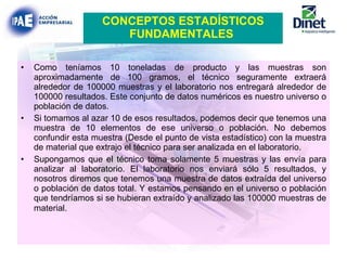 Como teníamos 10 toneladas de producto y las muestras son aproximadamente de 100 gramos, el técnico seguramente extraerá alrededor de 100000 muestras y el laboratorio nos entregará alrededor de 100000 resultados. Este conjunto de datos numéricos es nuestro universo o población de datos. Si tomamos al azar 10 de esos resultados, podemos decir que tenemos una muestra de 10 elementos de ese universo o población. No debemos confundir esta muestra (Desde el punto de vista estadístico) con la muestra de material que extrajo el técnico para ser analizada en el laboratorio. Supongamos que el técnico toma solamente 5 muestras y las envía para analizar al laboratorio. El laboratorio nos enviará sólo 5 resultados, y nosotros diremos que tenemos una muestra de datos extraída del universo o población de datos total. Y estamos pensando en el universo o población que tendríamos si se hubieran extraído y analizado las 100000 muestras de material .   CONCEPTOS ESTADÍSTICOS FUNDAMENTALES   