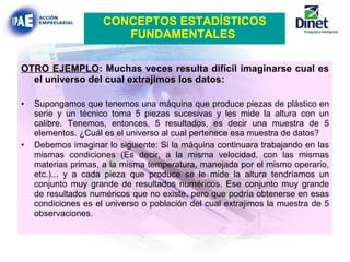 OTRO EJEMPLO : Muchas veces resulta difícil imaginarse cual es el universo del cual extrajimos los datos: Supongamos que tenemos una máquina que produce piezas de plástico en serie y un técnico toma 5 piezas sucesivas y les mide la altura con un calibre. Tenemos, entonces, 5 resultados, es decir una muestra de 5 elementos. ¿Cuál es el universo al cual pertenece esa muestra de datos? Debemos imaginar lo siguiente: Si la máquina continuara trabajando en las mismas condiciones (Es decir, a la misma velocidad, con las mismas materias primas, a la misma temperatura, manejada por el mismo operario, etc.)... y a cada pieza que produce se le mide la altura tendríamos un conjunto muy grande de resultados numéricos. Ese conjunto muy grande de resultados numéricos que no existe, pero que podría obtenerse en esas condiciones es el universo o población del cual extrajimos la muestra de 5 observaciones . CONCEPTOS ESTADÍSTICOS FUNDAMENTALES   