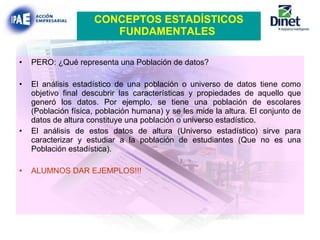 PERO: ¿Qué representa una Población de datos? El análisis estadístico de una población o universo de datos tiene como objetivo final descubrir las características y propiedades de aquello que generó los datos. Por ejemplo, se tiene una población de escolares (Población física, población humana) y se les mide la altura. El conjunto de datos de altura constituye una población o universo estadístico. El análisis de estos datos de altura (Universo estadístico) sirve para caracterizar y estudiar a la población de estudiantes (Que no es una Población estadística). ALUMNOS DAR EJEMPLOS!!! CONCEPTOS ESTADÍSTICOS FUNDAMENTALES   