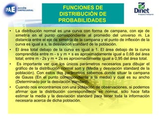 La distribución normal es una curva con forma de campana, con eje de simetría en el punto correspondiente al promedio del universo m. La distancia entre el eje de simetría de la campana y el punto de inflexión de la curva es igual a s, la desviación standard de la población. El área total debajo de la curva es igual a 1. El área debajo de la curva comprendida entre m - s y m + s es aproximadamente igual a 0,68 del área total; entre m - 2s y m + 2s es aproximadamente igual a 0,95 del área total.   Es importante ver que los únicos parámetros necesarios para dibujar el gráfico de la distribución normal son y (Media y desviación standard de la población). Con estos dos parámetros sabemos donde situar la campana de Gauss (En el punto correspondiente a la media) y cual es su ancho (Determinado por la desviación standard). Cuando nos encontramos con una población de observaciones, si podemos afirmar que la distribución correspondiente es normal, sólo hace falta estimar la media y la desviación standard para tener toda la información necesaria acerca de dicha población. FUNCIONES DE DISTRIBUCIÓN DE PROBABILIDADES   