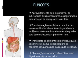 FUNÇÕES
 Aproveitamento pelo organismo, de
substâncias ditas alimentares, assegurando a
manutenção de seus processos vitais.

 Transformação mecânica e química das
macromoléculas alimentares ingeridas em
moléculas de tamanhos e formas adequadas
para serem absorvidas pelo intestino.

 Transporte de alimentos digeridos, água e
sais minerais da luz intestinal para os
capilares sangüíneos da mucosa do intestino.

 Eliminação de resíduos alimentares não
digeridos e não absorvidos.
 