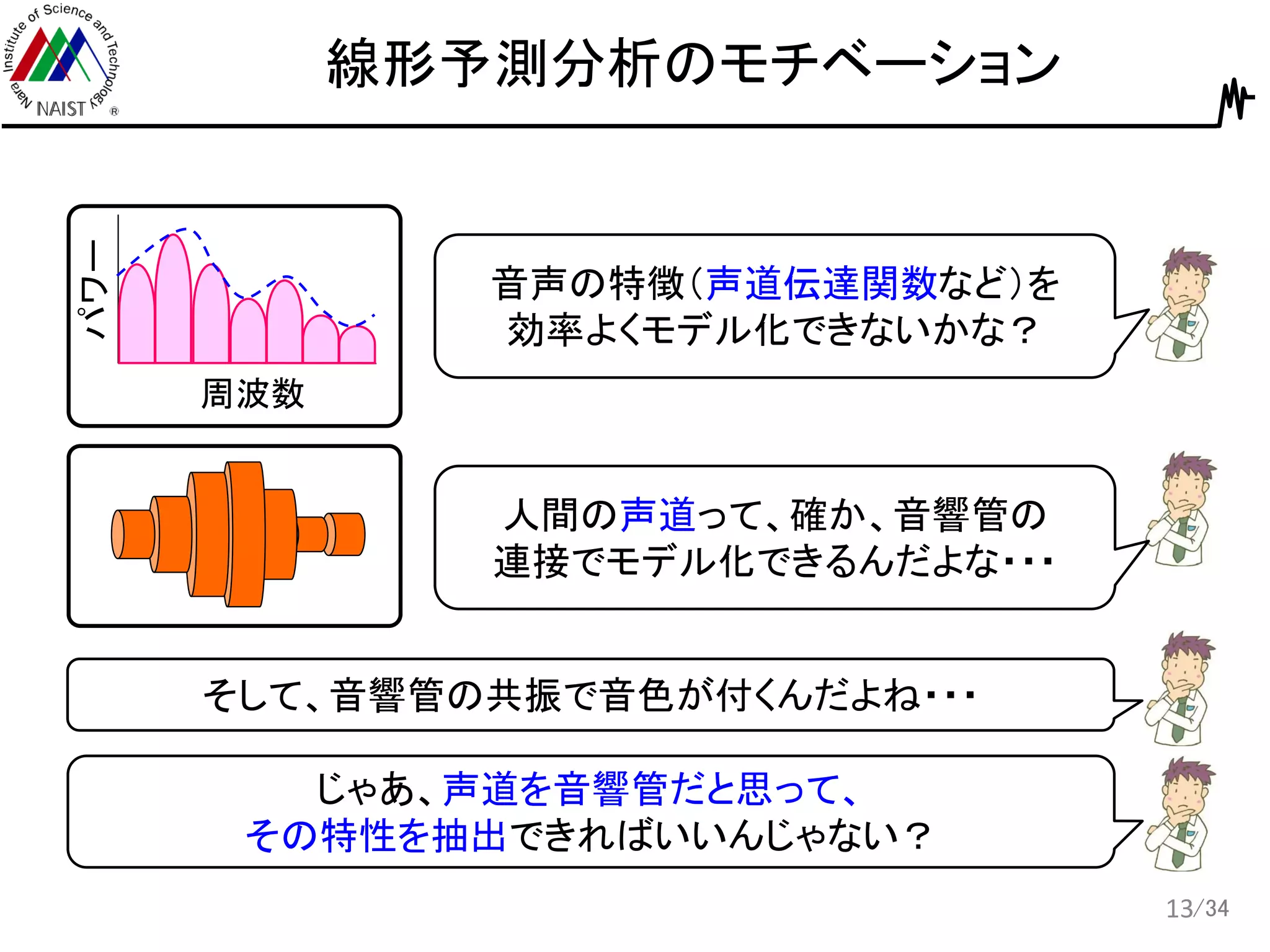 /34
線形予測分析のモチベーション
13
周波数
パワー
音声の特徴（声道伝達関数など）を
効率よくモデル化できないかな？
じゃあ、声道を音響管だと思って、
その特性を抽出できればいいんじゃない？
人間の声道って、確か、音響管の
連接でモデル化できるんだよな・・・
そして、音響管の共振で音色が付くんだよね・・・
 