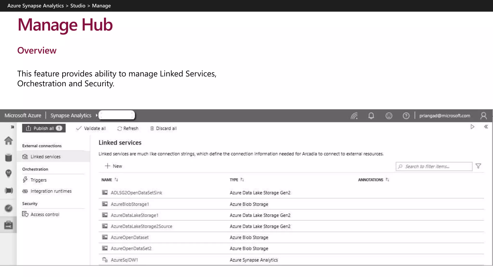 Manage Hub
Overview
This feature provides ability to manage Linked Services,
Orchestration and Security.
 