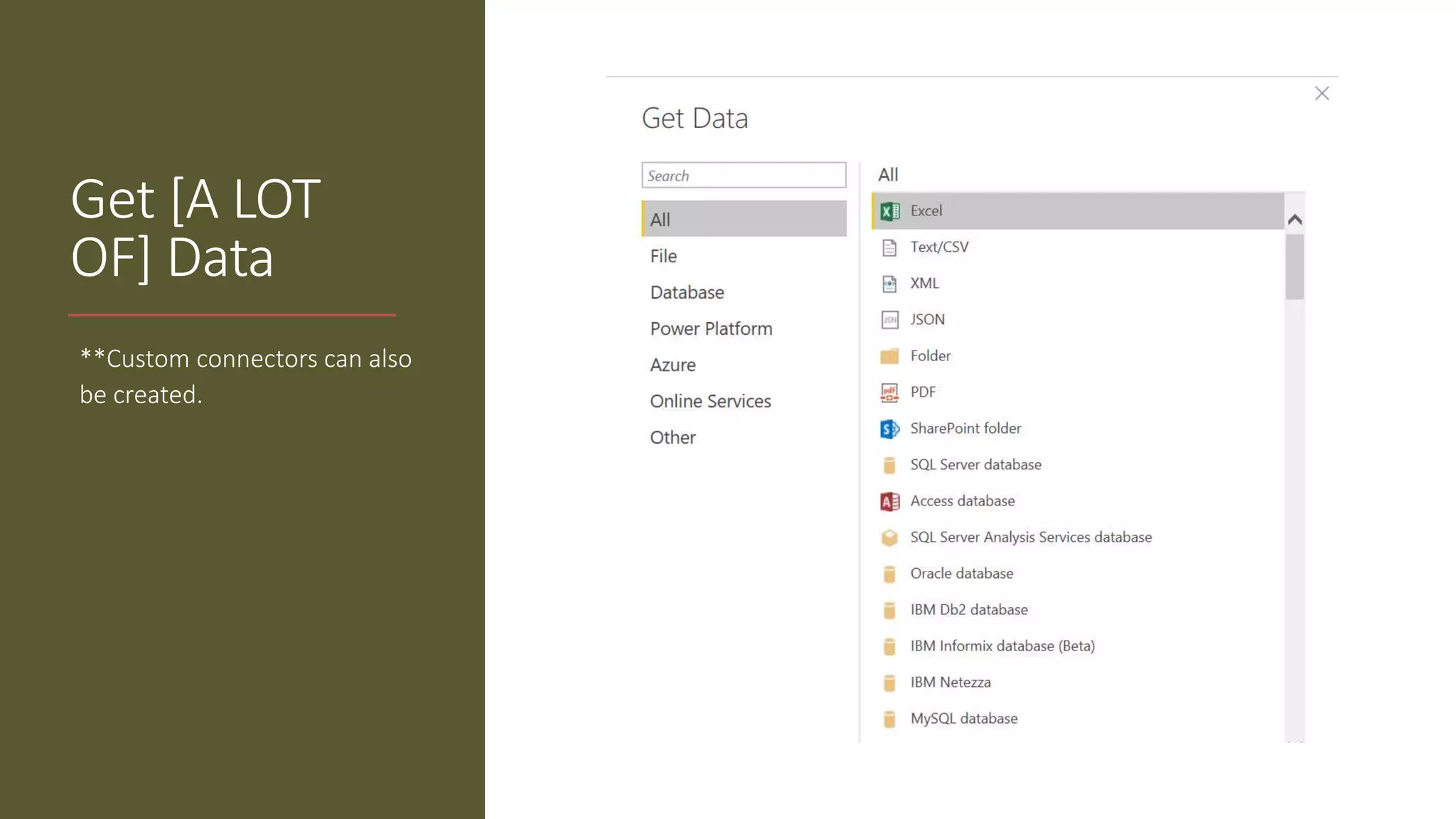 Get [A LOT
OF] Data
**Custom connectors can also
be created.
 