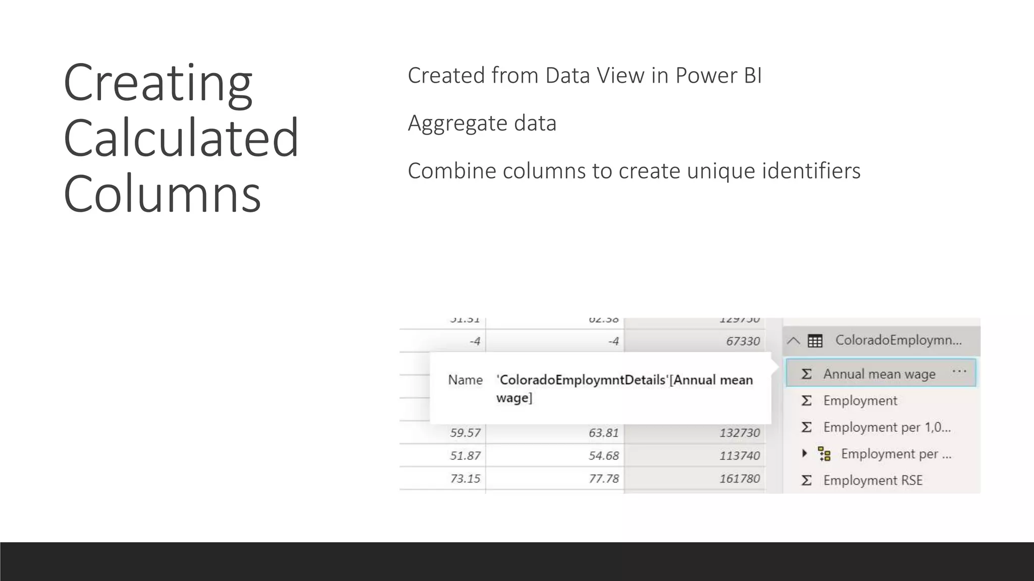 Creating
Calculated
Columns
Created from Data View in Power BI
Aggregate data
Combine columns to create unique identifiers
 