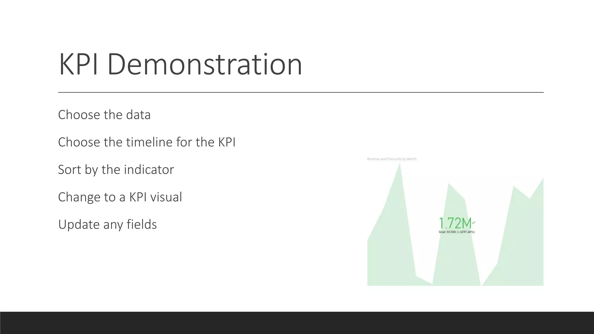 KPI Demonstration
Choose the data
Choose the timeline for the KPI
Sort by the indicator
Change to a KPI visual
Update any fields
 