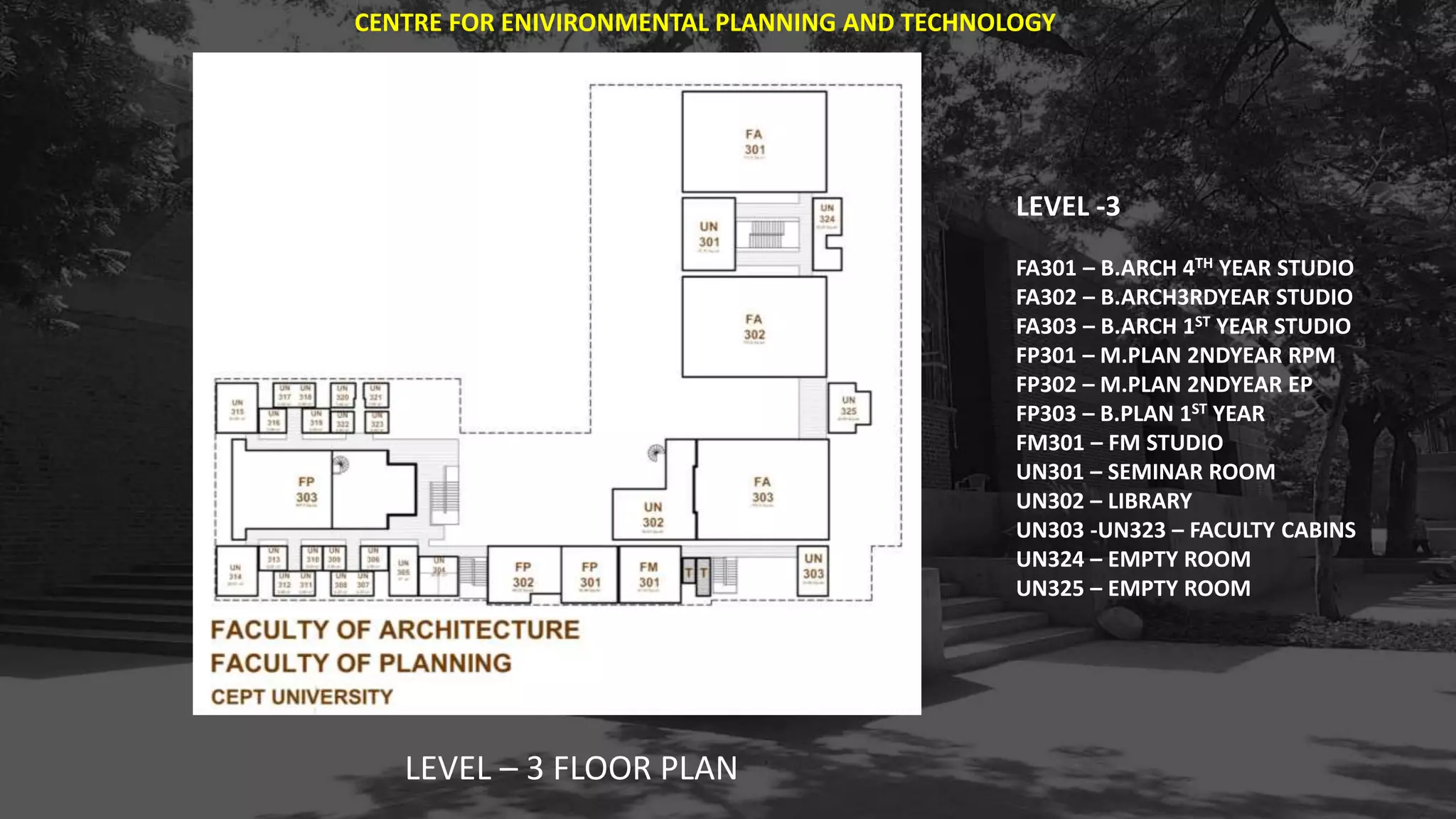 LEVEL – 3 FLOOR PLAN
LEVEL -3
FA301 – B.ARCH 4TH YEAR STUDIO
FA302 – B.ARCH3RDYEAR STUDIO
FA303 – B.ARCH 1ST YEAR STUDIO
FP301 – M.PLAN 2NDYEAR RPM
FP302 – M.PLAN 2NDYEAR EP
FP303 – B.PLAN 1ST YEAR
FM301 – FM STUDIO
UN301 – SEMINAR ROOM
UN302 – LIBRARY
UN303 -UN323 – FACULTY CABINS
UN324 – EMPTY ROOM
UN325 – EMPTY ROOM
CENTRE FOR ENIVIRONMENTAL PLANNING AND TECHNOLOGY
 