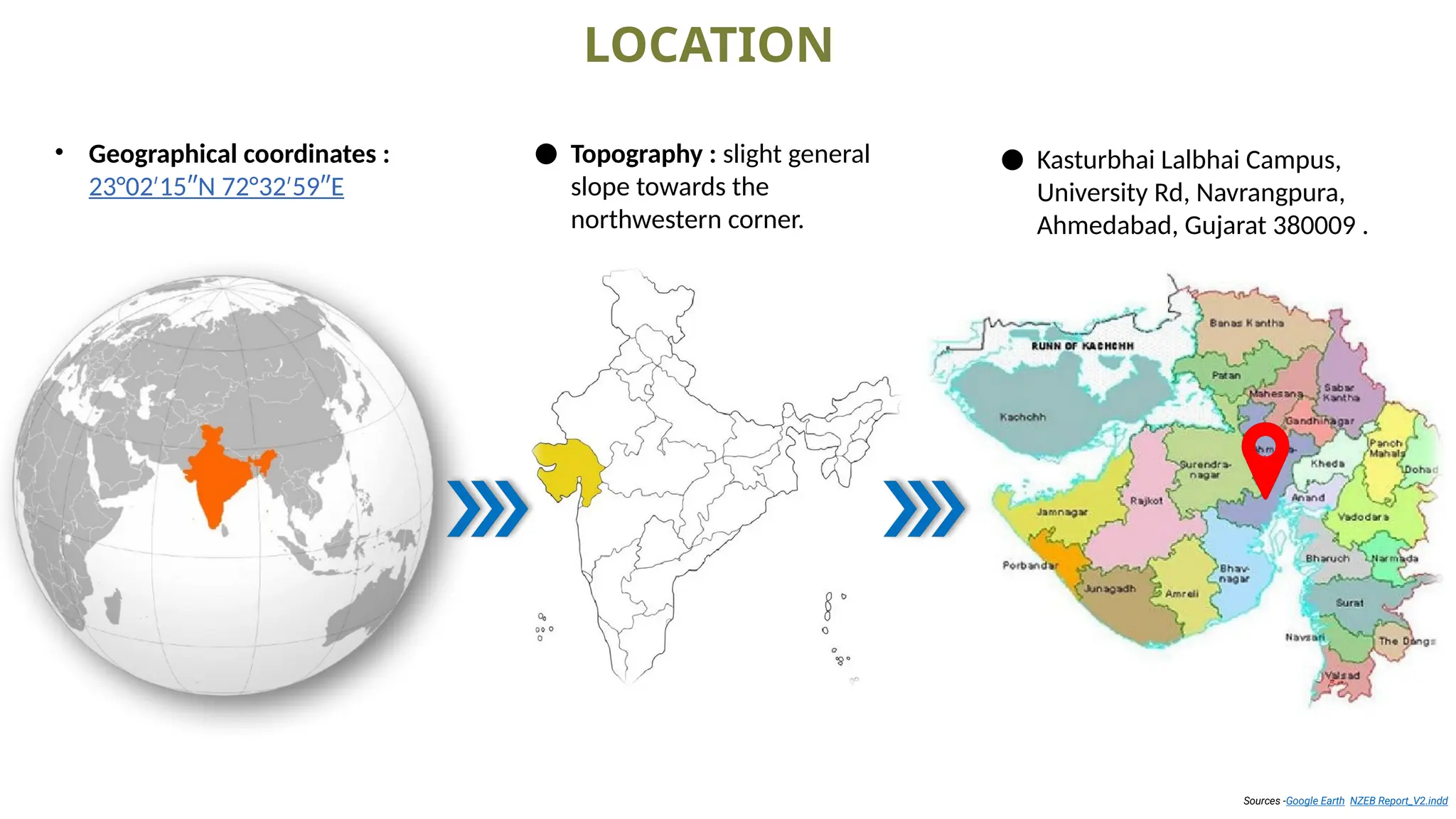 Sources -Google Earth NZEB Report_V2.indd
LOCATION
● Kasturbhai Lalbhai Campus,
University Rd, Navrangpura,
Ahmedabad, Gujarat 380009 .
● Topography : slight general
slope towards the
northwestern corner.
• Geographical coordinates :
23°02 15″N 72°32 59″E
′ ′
 