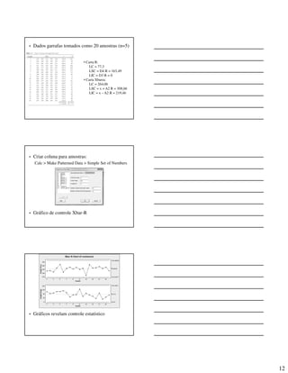 12
• Dados garrafas tomados como 20 amostras (n=5)
• Carta R:
LC = 77,3
LSC = D4 R = 163,49
LIC = D3 R = 0
• Carta Xbarra:
LC = 264,06
LSC = x + A2 R = 308,66
LIC = x – A2 R = 219,46
• Criar coluna para amostras:
Calc > Make Patterned Data > Simple Set of Numbers
• Gráfico de controle Xbar-R
• Gráficos revelam controle estatístico
 