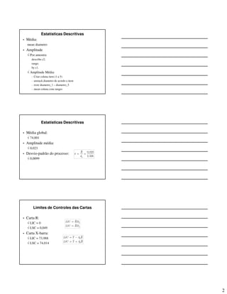 2
Estatísticas Descritivas
• Média:
mean diametro
• Amplitude
√ Por amostra:
describe c2;
range;
by c1.
√ Amplitude Média:
– Criar coluna item (1 a 5)
– unstack diametro de acordo a item
– rrow diametro_1 – diametro_5
– mean coluna com ranges
Estatísticas Descritivas
• Média global:
√ 74,001
• Amplitude média:
√ 0,023
• Desvio-padrão do processo:
√ 0,0099
2
0,023
ˆ
2,326
R
d
σ = =
Limites de Controles das Cartas
• Carta R:
√ LIC = 0
√ LSC = 0,049
• Carta X-barra:
√ LIC = 73,988
√ LSC = 74,014
3
4
LIC RD
LIC RD
=
=
2
2
LIC x A R
LIC x A R
= −
= +
 