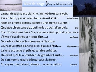 Nuit de neige (Guy de Maupassant)

La grande plaine est blanche, immobile et sans voix.
Pas un bruit, pas un son ; toute vie est étei….      Ne brûle pas

Mais on entend parfois, comme une morne plainte,
Quelque chien sans ab.. qui hurle au coin d’un bois.          gîte

Plus de chansons dans l’air, sous nos pieds plus de chaumes.
L’hiver s’est abattu sur toute flor…..;                 en fleurs

Des arbres dépouillés dressent à l’horizon
Leurs squelettes blanchis ainsi que des fant…..      Des spectres

La lune est large et pâle et semble se hâter.
On dirait qu’elle a froid dans le grand ciel aust… .    dépouillé

De son morne regard elle parcourt la terre,
Et, voyant tout désert, s’empr…. à nous quitter.         Se hâte
 