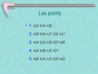 Les points
• 1. a)2 b)4 c)6

  2. a)6 b)4 c)7 d)2 e)1

  3. a)4 b)2 c)5 d)7 e)6

  4. a)4 b)6 c)2 d)1

  5. a)6 b)4 c)3 d)5 e)2
 