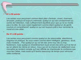 •   41 à 50 points :

    Les autres vous perçoivent comme étant plein d'entrain, vivant, charmant,
    amusant, pratique et toujours intéressé; quelqu'un qui est constamment au
    centre de l'attention, mais suffisamment équilibré pour que ça ne lui monte
    pas à la tête. Ils vous voient également comme étant quelqu'un de gentil,
    courtois et compréhensif; quelqu'un qui est toujours prêt à leur remonter le
    moral et à les aider.
•
    De 31 à 40 points :

    Les autres vous perçoivent comme quelqu'un de raisonnable, attentionné,
    soigneux et pratique. Ils vous voient comme étant intelligent, généreux, doué,
    mais modeste... Pas quelqu'un qui se fait des amis trop vite ou trop
    facilement, mais quelqu'un d'extrêmement loyal envers les amis qu'il se fait et
    qui en attend de même en retour. Ceux qui ont la chance de réellement vous
    connaître se rendent compte qu'il est difficile de chambouler la confiance que
    vous leur faites, mais aussi qu'il faudra beaucoup de temps pour retrouver
    cette confiance.
 