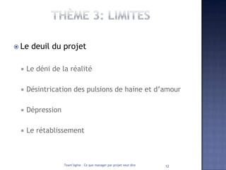  Le   deuil du projet

    Le déni de la réalité

    Désintrication des pulsions de haine et d’amour

    Dépression

    Le rétablissement



                  Team’Agine – Ce que manager par projet veut dire   12
 