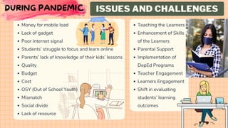 ISSUES AND CHALLENGES
Money for mobile load
Lack of gadget
Poor internet signal
Students’ struggle to focus and learn online
Parents’ lack of knowledge of their kids’ lessons
Quality
Budget
Cost
OSY (Out of School Youth)
Mismatch
Social divide
Lack of resource
Teaching the Learners
Enhancement of Skills
of the Learners
Parental Support
Implementation of
DepEd Programs
Teacher Engagement
Learners Engagement
Shift in evaluating
students’ learning
outcomes
DURING PANDEMIC
 